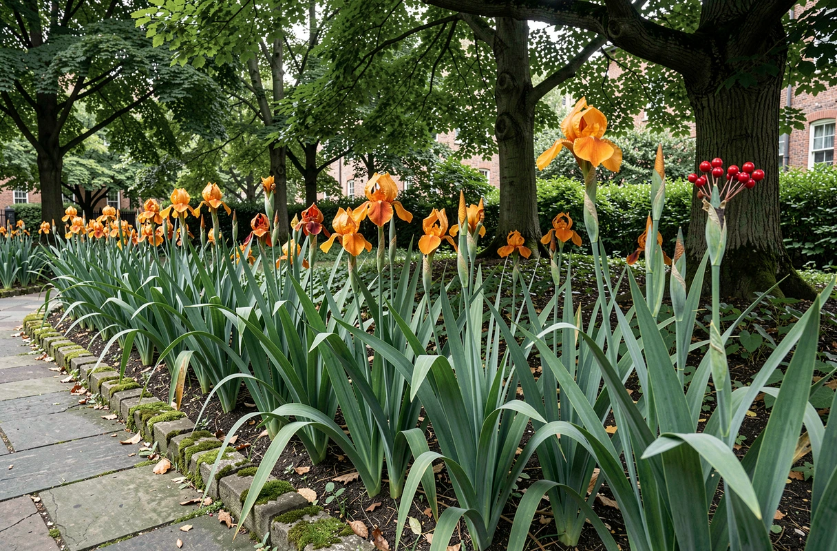 Vue large d'un massif de jardin ombragé densément planté d'iris marcheurs avec leurs feuilles arquées et leurs capsules de graines orange éclatantes révélant des baies écarlates en automne