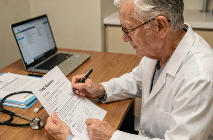 Médecin gériatre analysant un formulaire d'évaluation Tinetti PDF annoté sur son bureau médical