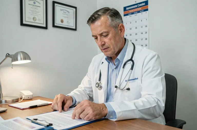 Médecin de garde assis à son bureau en train de consulter un dossier médical et les tarifs de consultation