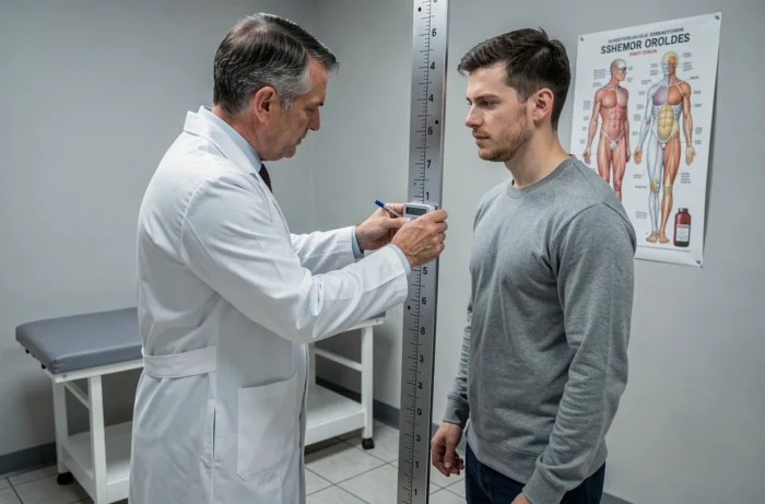 Médecin mesurant la taille d'un patient adulte avec un stadiomètre dans un cabinet médical, illustration d'une consultation sur la taille normale