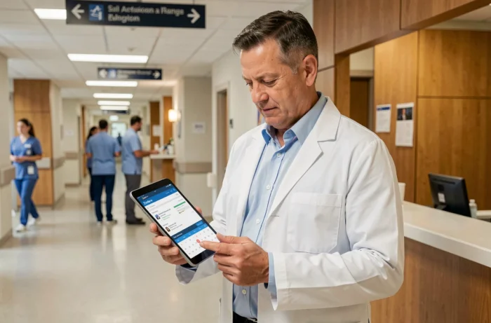 Médecin consultant sa messagerie Zimbra sur tablette dans le couloir d'un hôpital moderne