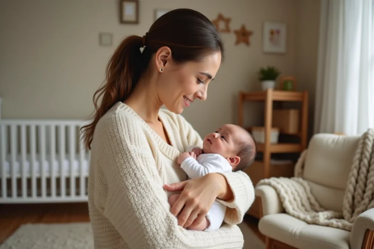 Jeune mère tenant tendrement son nouveau-né dans une chambre de bébé cosy avec mobilier en bois naturel