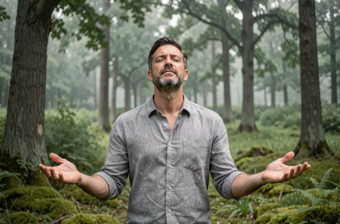 Homme réalisant un rituel de nettoyage énergétique en pleine forêt, bras ouverts en connexion avec la nature