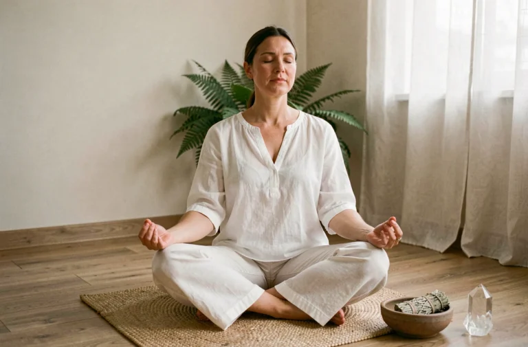 Femme pratiquant une méditation de nettoyage énergétique dans un studio bien-être minimaliste avec quartz et sauge séchée
