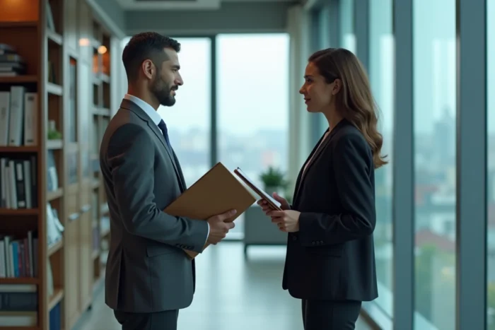 Un notaire homme et une notaire femme en discussion professionnelle dans une étude moderne, illustrant la féminisation du titre de notaire