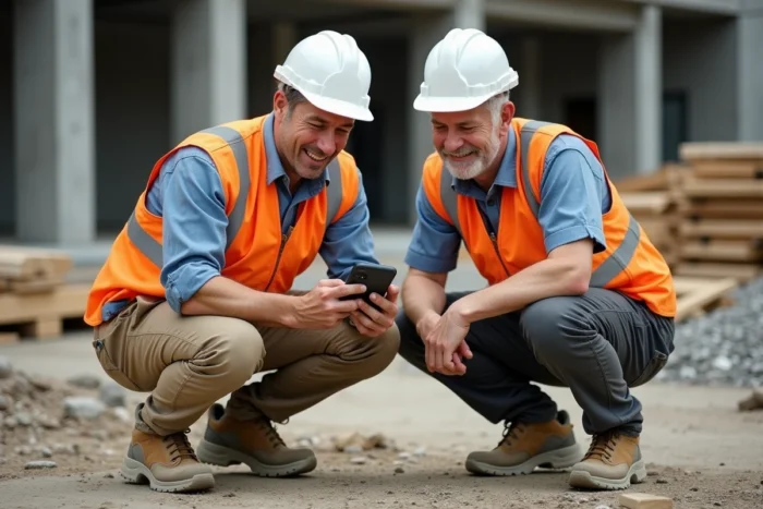 Deux ouvriers du bâtiment consultant ensemble une application de recherche de chantiers sur smartphone