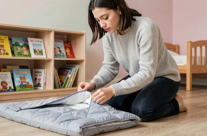 Mère inspectant un sac de couchage pour la sieste en maternelle dans une chambre d'enfant bien aménagée