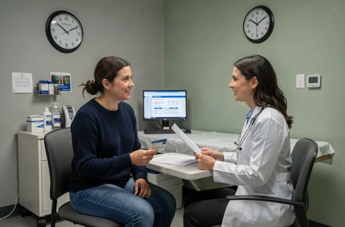 Patiente consultant un médecin de garde le soir avec sa carte vitale pour comprendre les frais médicaux