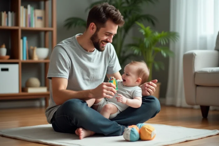 Père jouant avec son bébé de six mois sur un tapis d'éveil coloré dans un salon familial