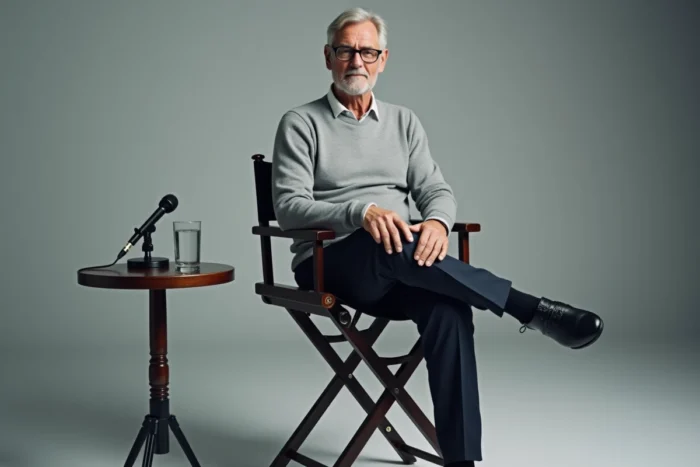 Personnalité française grande et décontractée assise sur une chaise de metteur en scène lors d'une interview presse