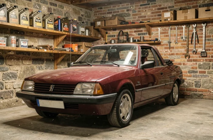 Peugeot 305 cabriolet bordeaux restaurée dans un garage en pierre vintage avec outils anciens et rangements en bois