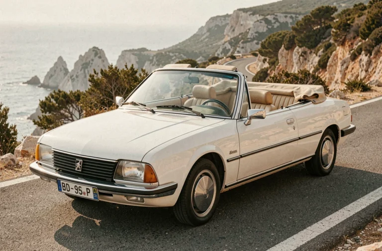 Peugeot 305 cabriolet blanc nacré décapotée sur une route côtière méditerranéenne avec falaises rocheuses en arrière-plan