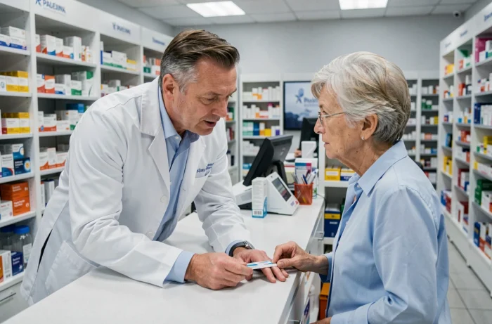 Pharmacien conseillant une retraitée sur le remboursement de sa mutuelle santé en officine