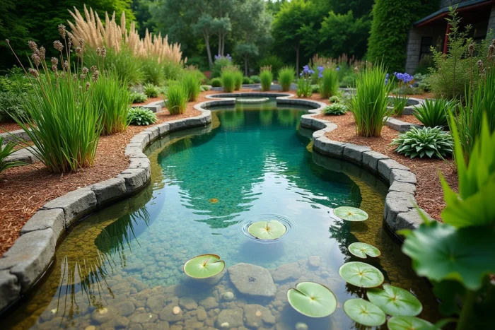 Piscine naturelle écologique avec zone de baignade et zone de régénération végétalisée intégrée dans un jardin français