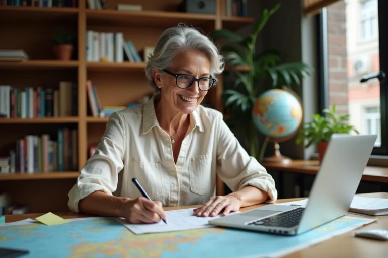 Femme planifiant un voyage sur mesure à son bureau entouré de cartes et de carnets de voyage