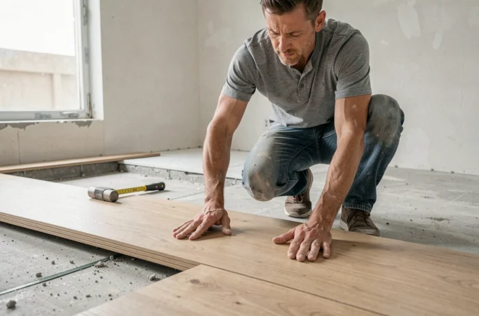 Artisan posant un parquet stratifié lors de travaux de rénovation de maison
