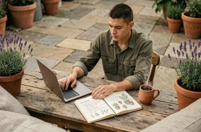 Jeune homme passionné de jardinage répondant à des messages en ligne depuis une terrasse en pierre entourée de lavande