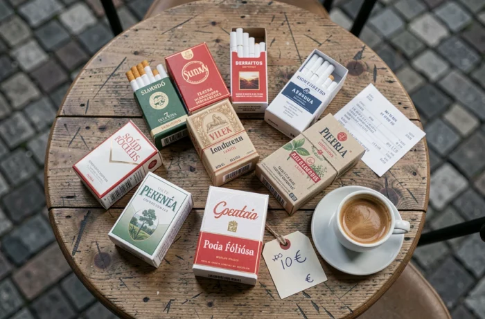 Paquets de cigarettes espagnols posés sur une table avec étiquette de prix en euros