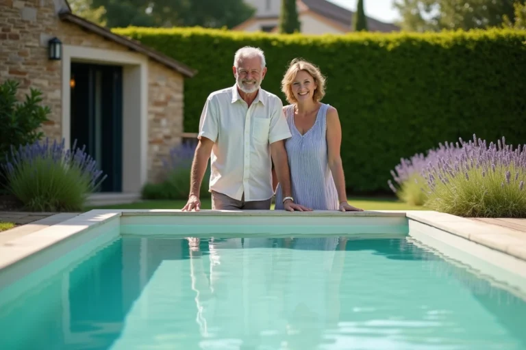 Couple de propriétaires français admirant leur nouvelle piscine rectangulaire écologique entourée de plantes et de dallage en pierre naturelle