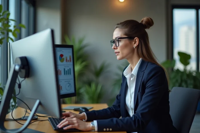 Professionnelle en marketing digital analysant des tableaux de bord de visibilité en ligne sur deux écrans dans un bureau moderne