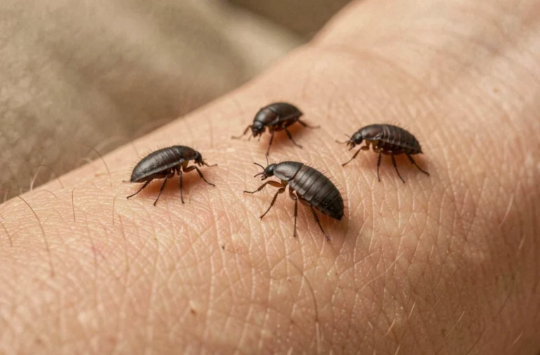 Gros plan de puces noires sur peau humaine, parasites visibles avec pattes postérieures caractéristiques