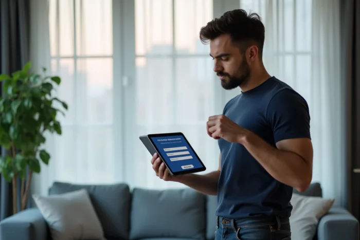 Homme tenant une tablette affichant un écran de récupération de compte réseau social dans un appartement moderne