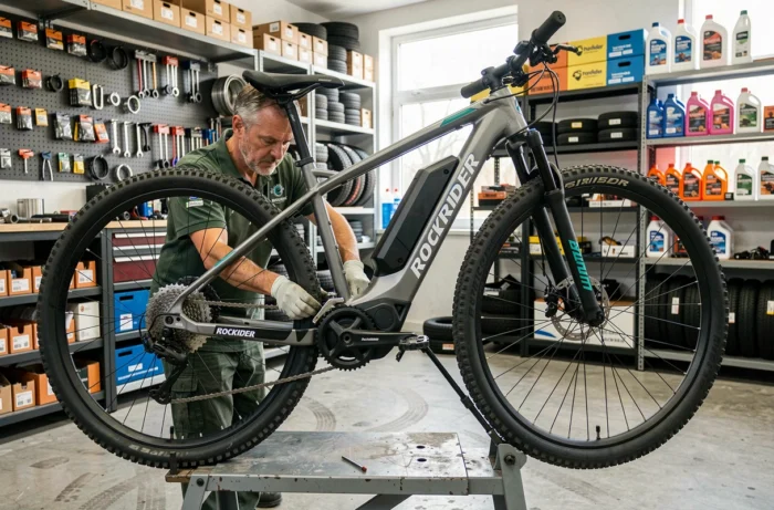 Mécanicien reconnectant le câble moteur d'un VTT électrique Rockrider E-ST 100 dans un atelier de réparation vélo professionnel