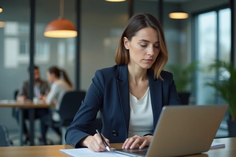 Responsable RH analysant des profils de candidats sur une plateforme de recrutement en ligne dans un bureau moderne