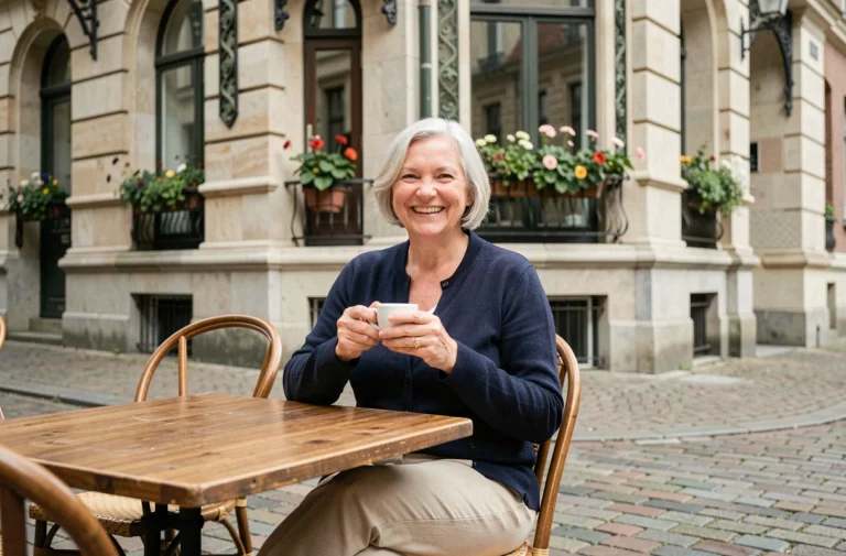 Femme senior belge souriante sirotant un café en terrasse à Bruxelles, illustrant une retraite active et épanouie en Belgique