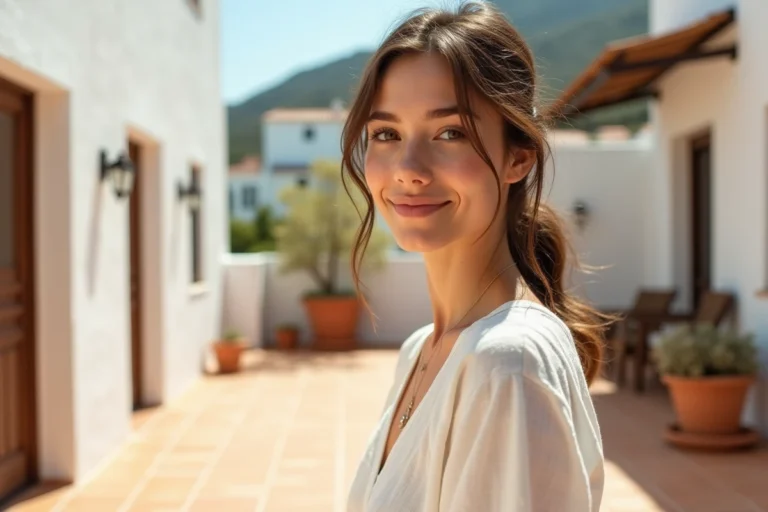 Femme en robe blanche en lin sur une terrasse ensoleillée, couleur claire qui reflète la chaleur du soleil