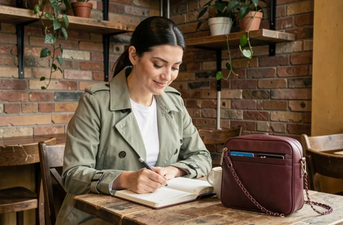 Femme assise dans un café avec un sac bandoulière en cuir bordeaux posé sur une table en bois