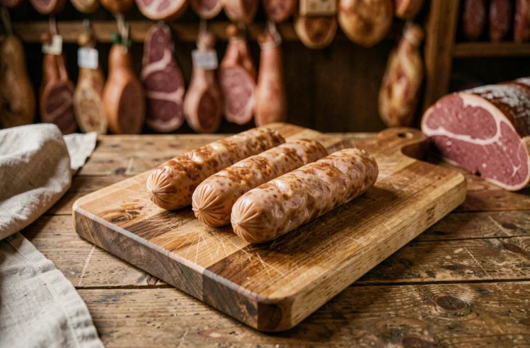Trois saucisses de Francfort traditionnelles posées sur une planche en bois de boucherie dans une charcuterie allemande