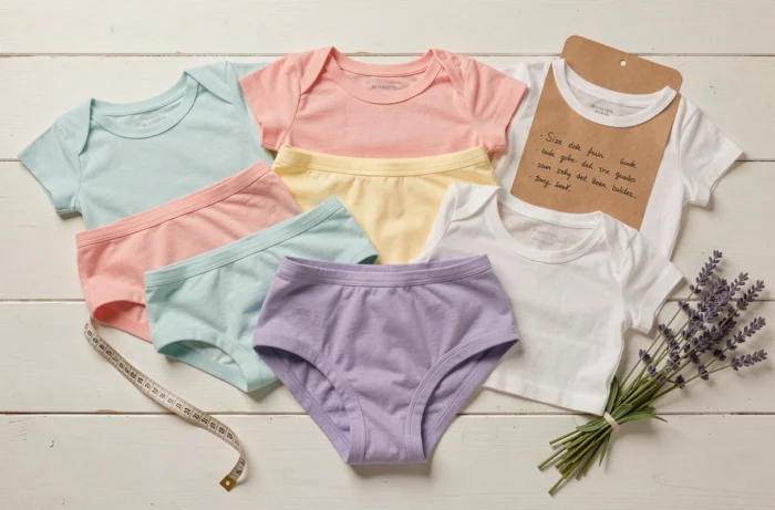 Sélection de sous-vêtements pour enfants en coton doux disposés en flat lay avec guide des tailles