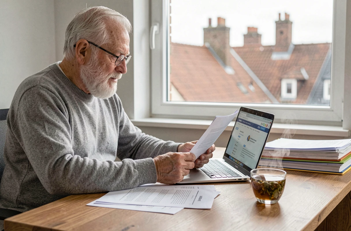 Homme senior belge consultant ses documents de retraite sur ordinateur à son bureau à domicile à Liège, illustrant la gestion administrative de la retraite en Belgique