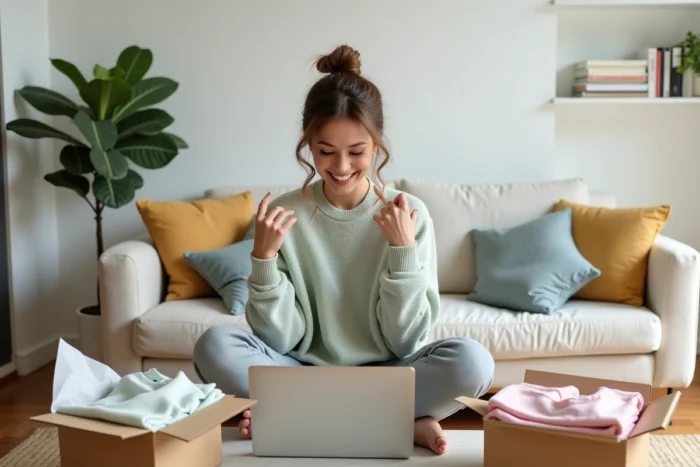 Femme comparant des vêtements livrés à domicile entourée de cartons ouverts dans un salon scandinave
