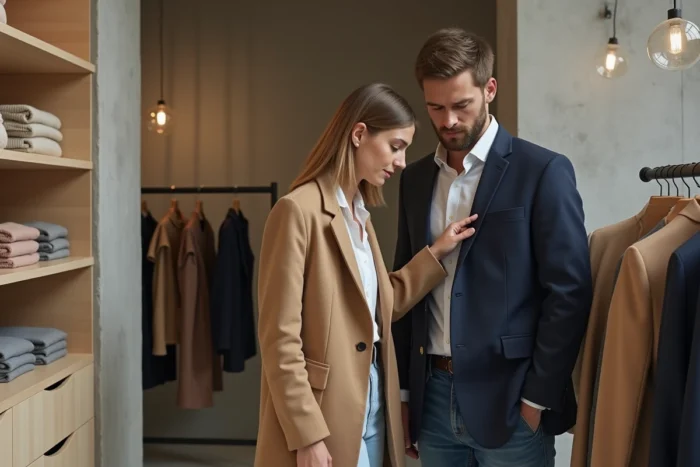 Couple faisant du shopping dans un concept store minimaliste en parcourant un portant de vêtements tendance de saison