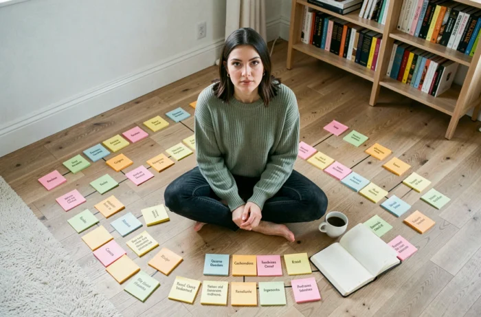 Femme organisant un sitemap de site culinaire avec des notes autocollantes colorées sur le sol