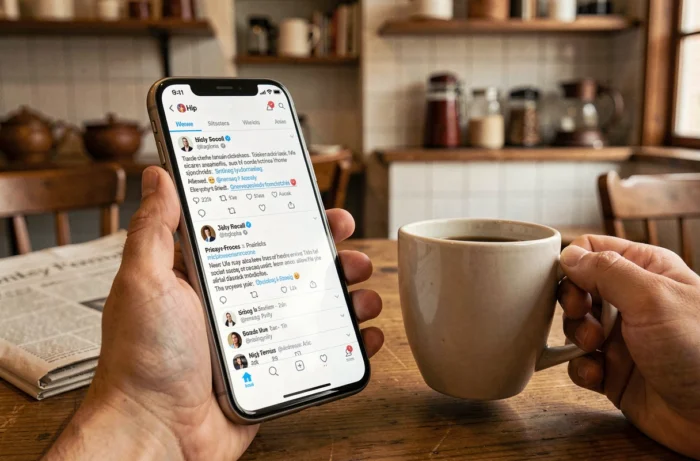 Gros plan d'un smartphone affichant une alternative mobile à Nitter pour consulter Twitter de façon anonyme dans un café