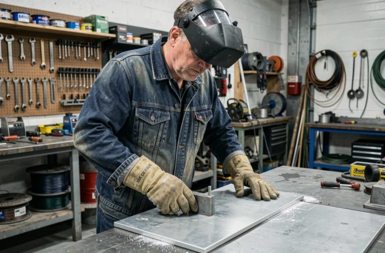 Soudeur professionnel examinant une plaque en aluminium avant soudure MIG dans un atelier industriel