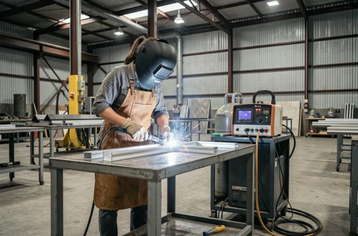 Soudeuse professionnelle utilisant un poste MIG pour souder un cadre en aluminium dans une usine de fabrication