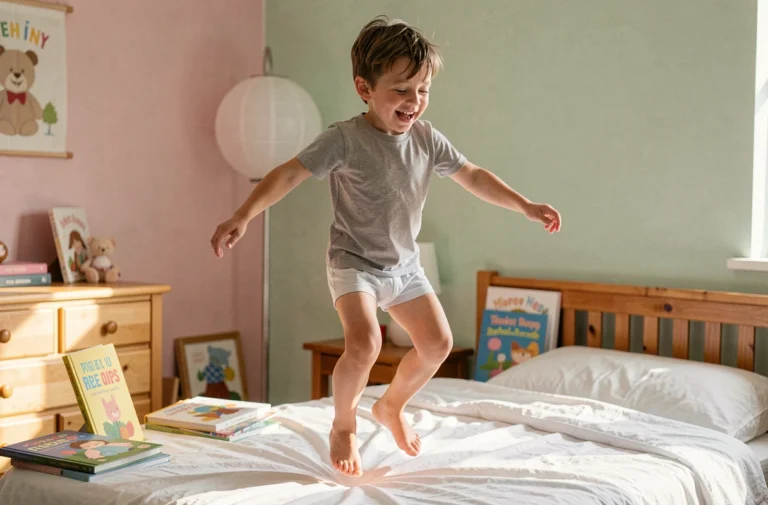 Enfant garçon portant des sous-vêtements en coton doux et confortables dans une chambre colorée