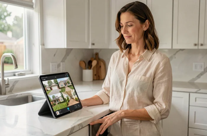 Femme consultant les caméras de surveillance de sa maison sur une tablette dans une cuisine moderne