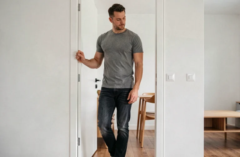 Homme adulte mesurant sa taille debout près d'un cadre de porte dans un appartement moderne, illustrant la taille moyenne masculine