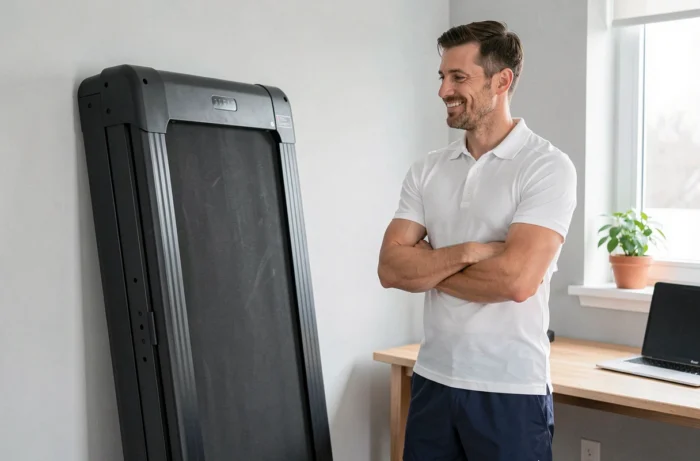 Homme présentant le tapis de course Sportstech F37 en position repliée pour le rangement à domicile