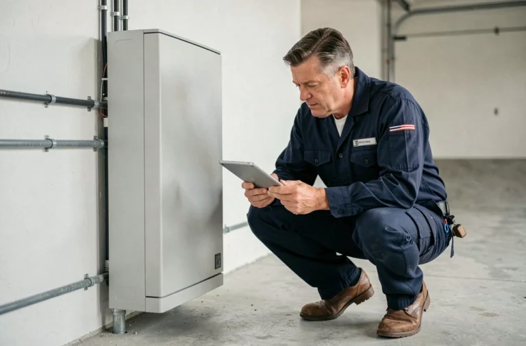 Technicien inspectant une batterie de stockage d'énergie domestique installée dans un garage moderne