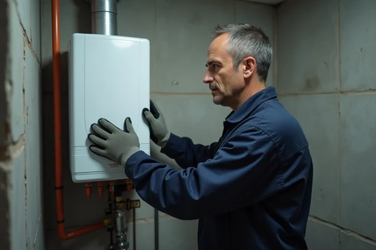 Technicien inspectant un chauffe-eau thermodynamique sur air ambiant installé dans une buanderie intérieure