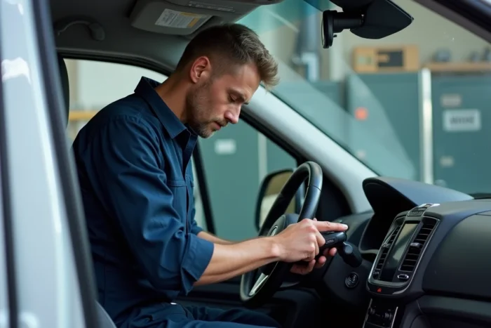 Technicien automobile analysant les voyants d'alerte du tableau de bord d'un Mercedes Vito dans un garage professionnel