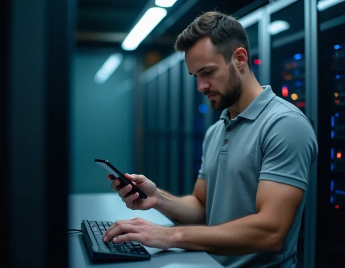 Technicien informatique utilisant une application d'authentification à deux facteurs dans une salle de serveurs
