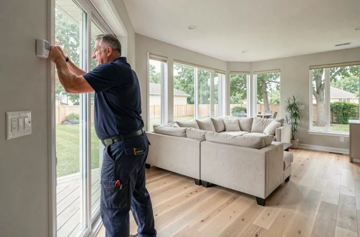 Technicien en sécurité installant un détecteur de mouvement sans fil dans un salon moderne pour protéger la maison