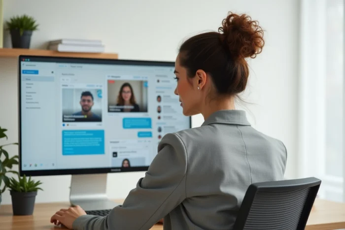 Jeune femme travaillant seule avec plusieurs outils de communication d'équipe sur son bureau à domicile